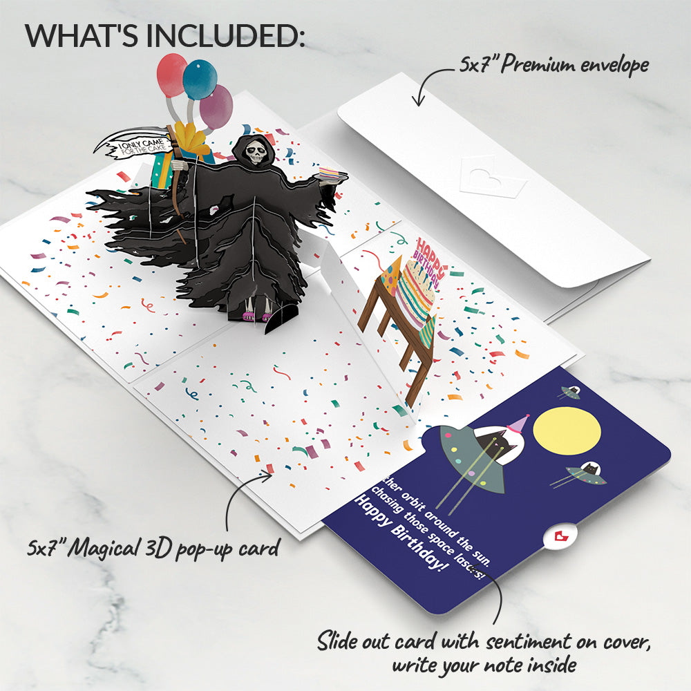 Grim Reaper Dark Humor Birthday with Space Laser Cats Pop-Up Card and Sentiment Set、mySite、solidvoid