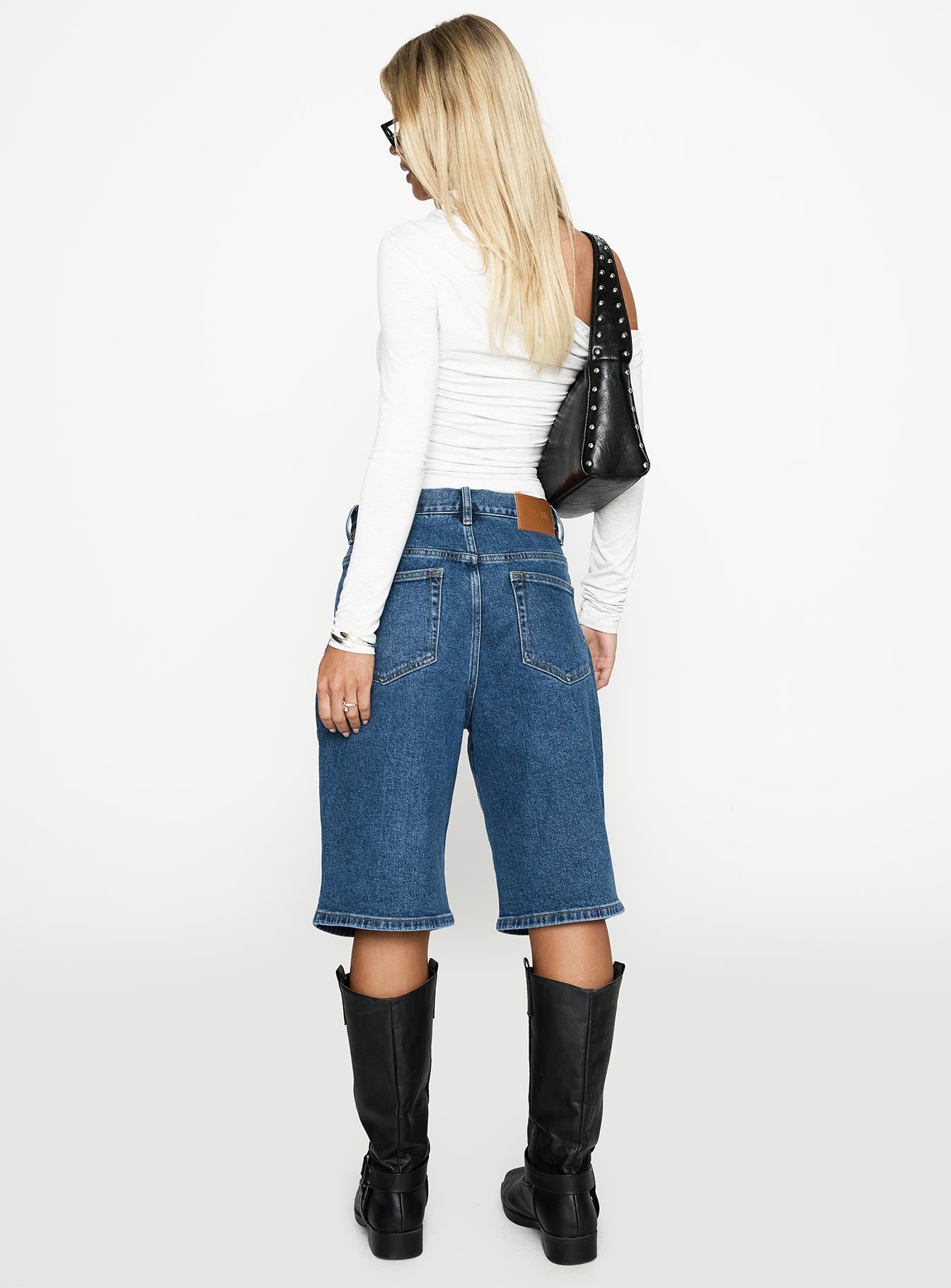 Retro Dream Mid Rise Longline Denim Shorts Mid Wash、mySite、solidvoid