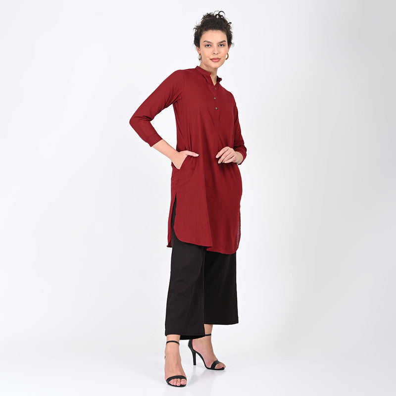Cotton Solid Co Ord Set For Women | Tunic & Trouser | Mandarin Neck | Maroon & Coffee Brown、mySite、camillekostekn
