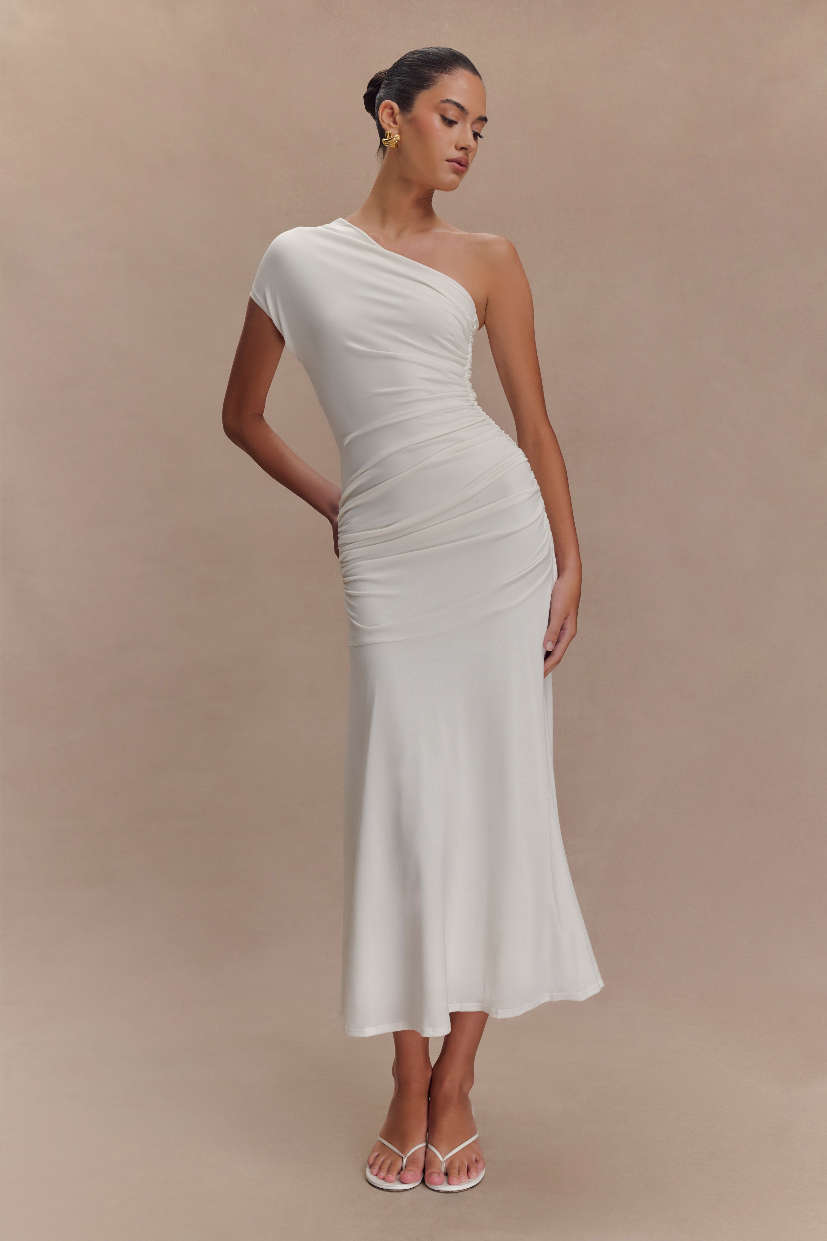 Chloe Peached Jersey One Shoulder Midi Dress - Ivory、mySite、solidvoid
