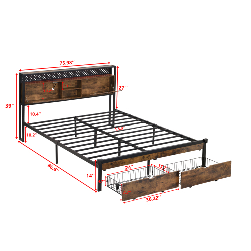 Full Size Metal Platform Bed Frame with Wooden Headboard and with Footboard USB,Charging Station,2 Drawers,storage, LED Lights, No Box Spring Needed, Easy Assemble、、casual