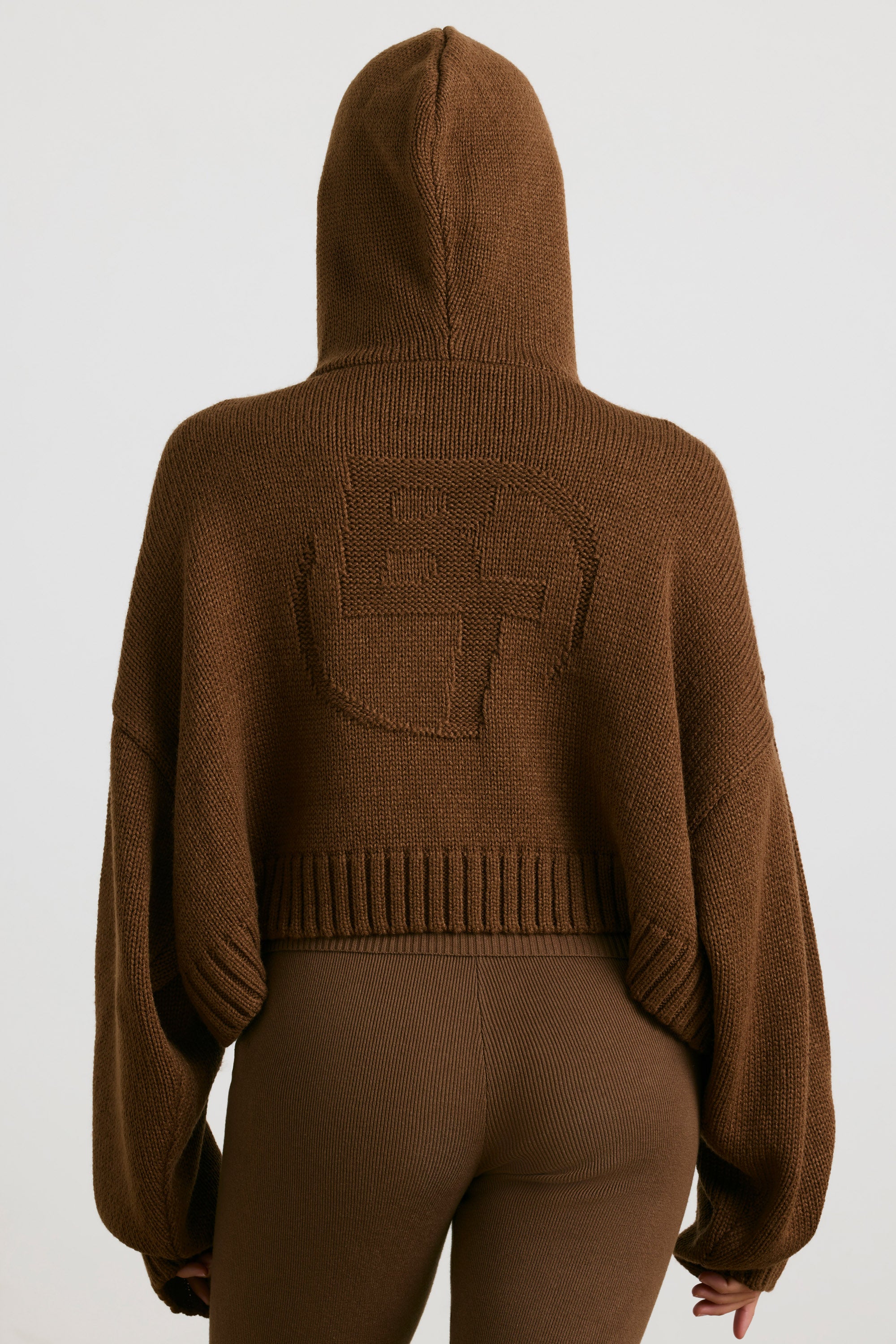 Cropped Zip Up Chunky Knit Hoodie in Espresso、mySite、solidvoid