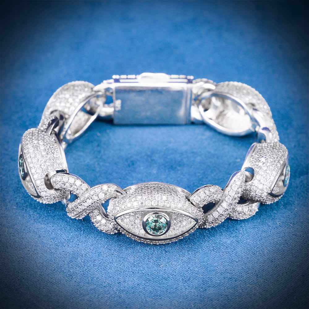 15MM Iced Out Blue Gemstone Evil Eye Eternity Bracelet 14K Gold、mySite、hinf8tx79