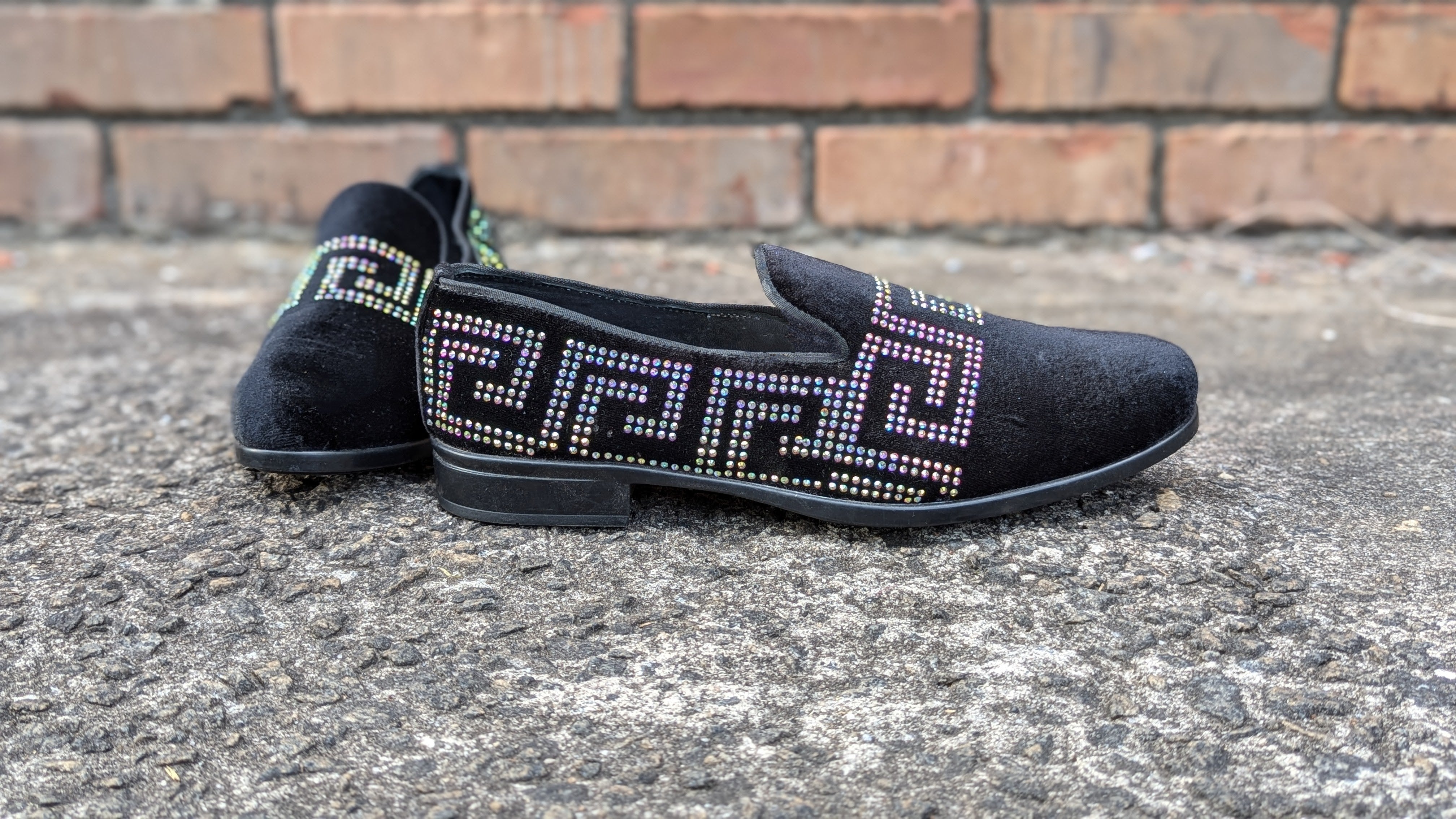 Dupsie's Black Imara Elegance pair of Suede Loafers with meander Rhinestoned patterns DPSS452、mySite、solidvoid