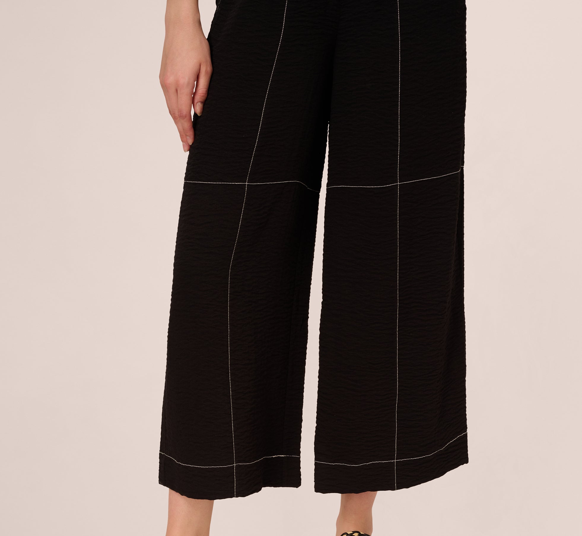 Contrast Stitching Crinkle Midi Pant In Black Ivory、mySite、solidvoid