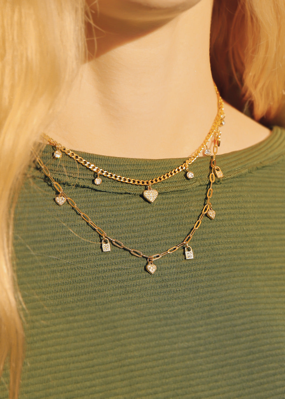 Stainless Steel 2 Row Heart & Lock Charm Necklace / CHN0069、mySite、dreamappss