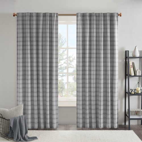 Plaid Rod Pocket and Back Tab Curtain Panel with Fleece Lining Brown 50x84"、、eastwooduniform