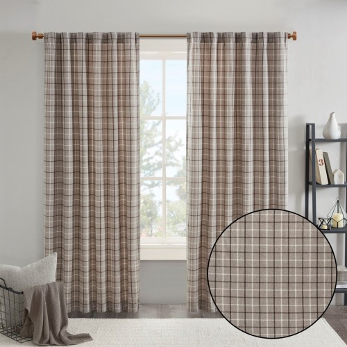Plaid Rod Pocket and Back Tab Curtain Panel with Fleece Lining Brown 50x84"、、eastwooduniform