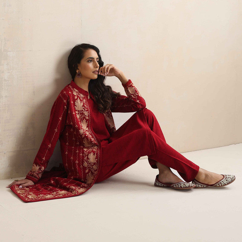 Woolen Kurta Set For Women | Kurta, Pyjama & Jacket | Embroidered | Red、mySite、camillekostekn