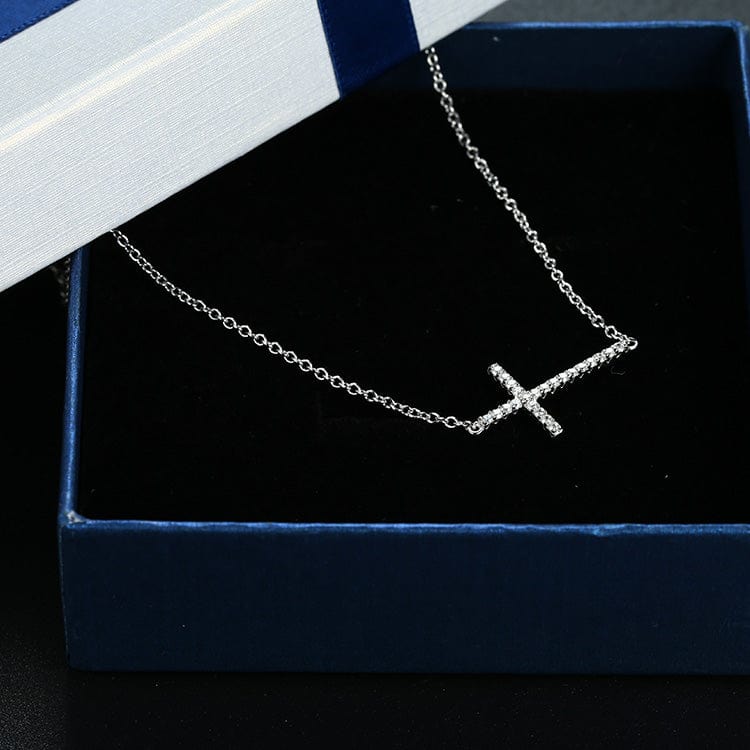 Sideways Cross Necklace with CZ Sterling Silver White, Yellow or Rose Gold Plated、mySite、g9winljtr