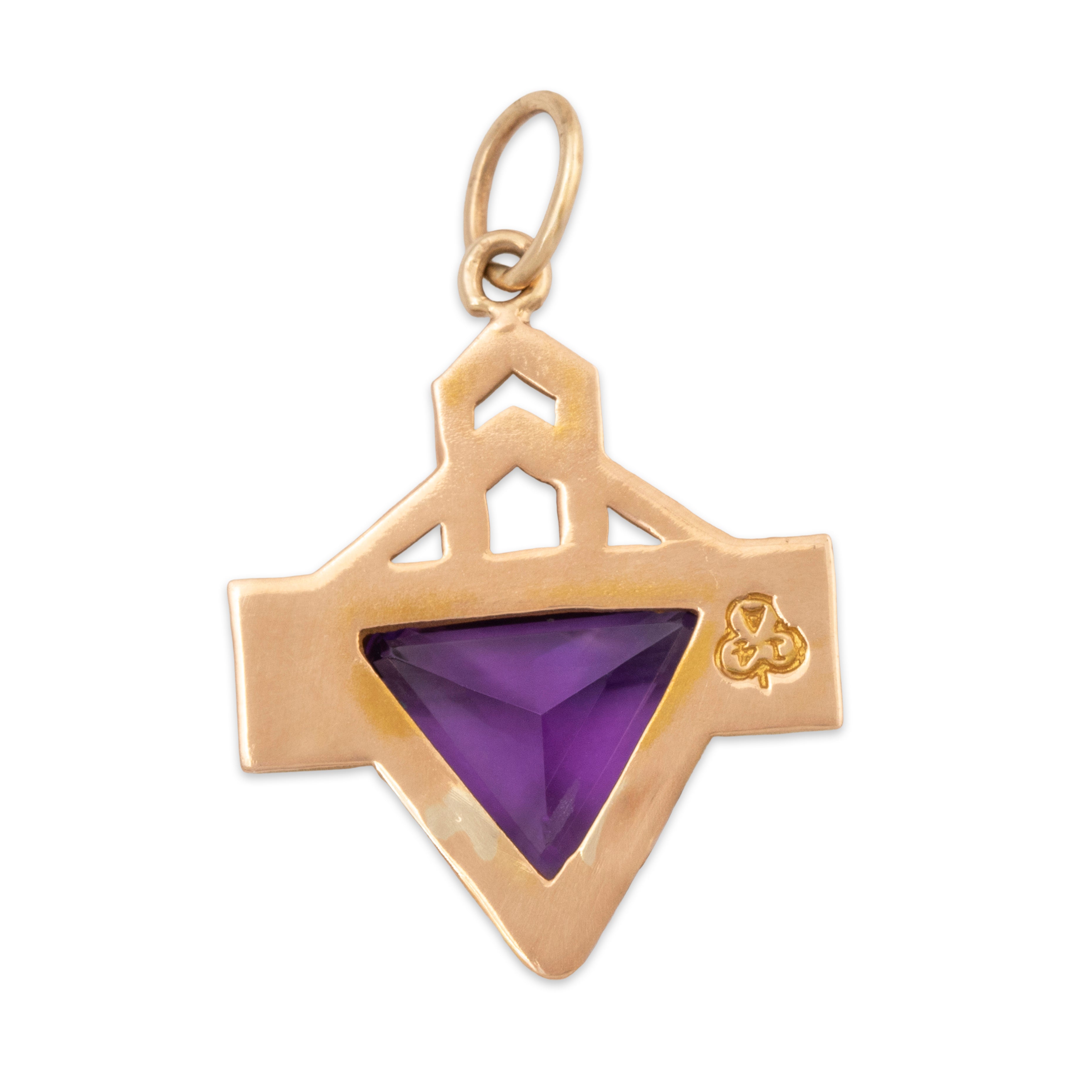 Antique Art Deco 14k Yellow Gold Trilliant Cut Amethyst Satin Finish Pendant、mySite、hinf8tx79