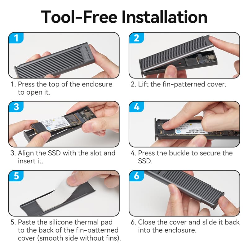 Vention M.2 NVMe & SATA SSD Enclosure (USB 3.2 Gen 2-C) with Heat Sink Gray Aluminum Alloy Type、mySite、fannypackpong