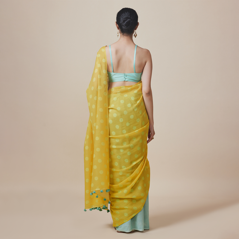 Linen Solid Saree with Blouse | Polka Dots | Aqua Blue & Yellow、mySite、camillekostekn