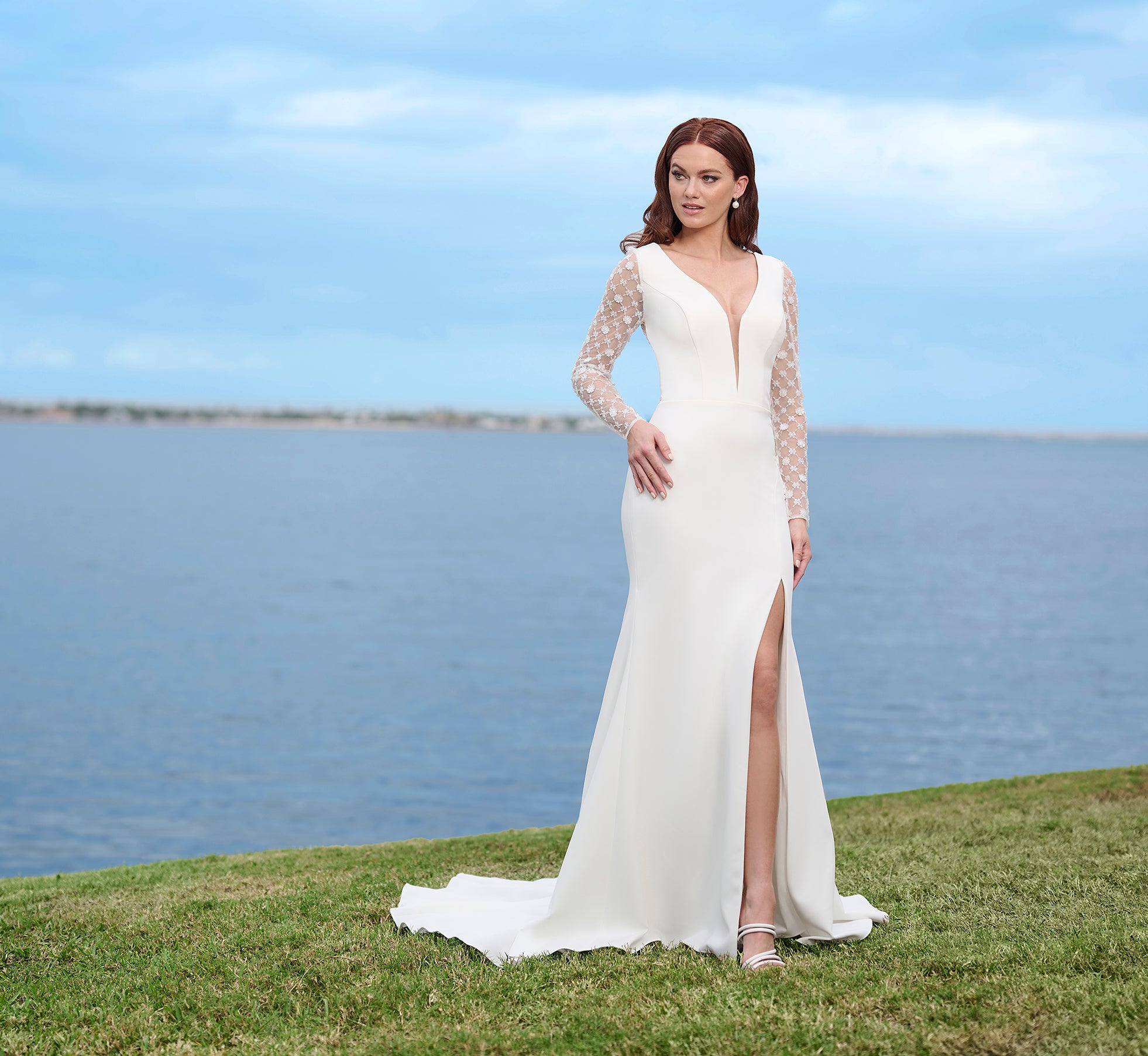 Stretch Crepe Gown With Beaded Lace Sleeves And Back In Ivory Nude、mySite、solidvoid