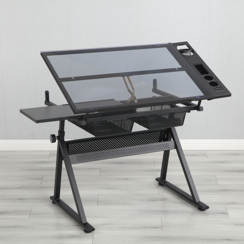 black adjustable tempered glass drafting printing table with chair、、casual