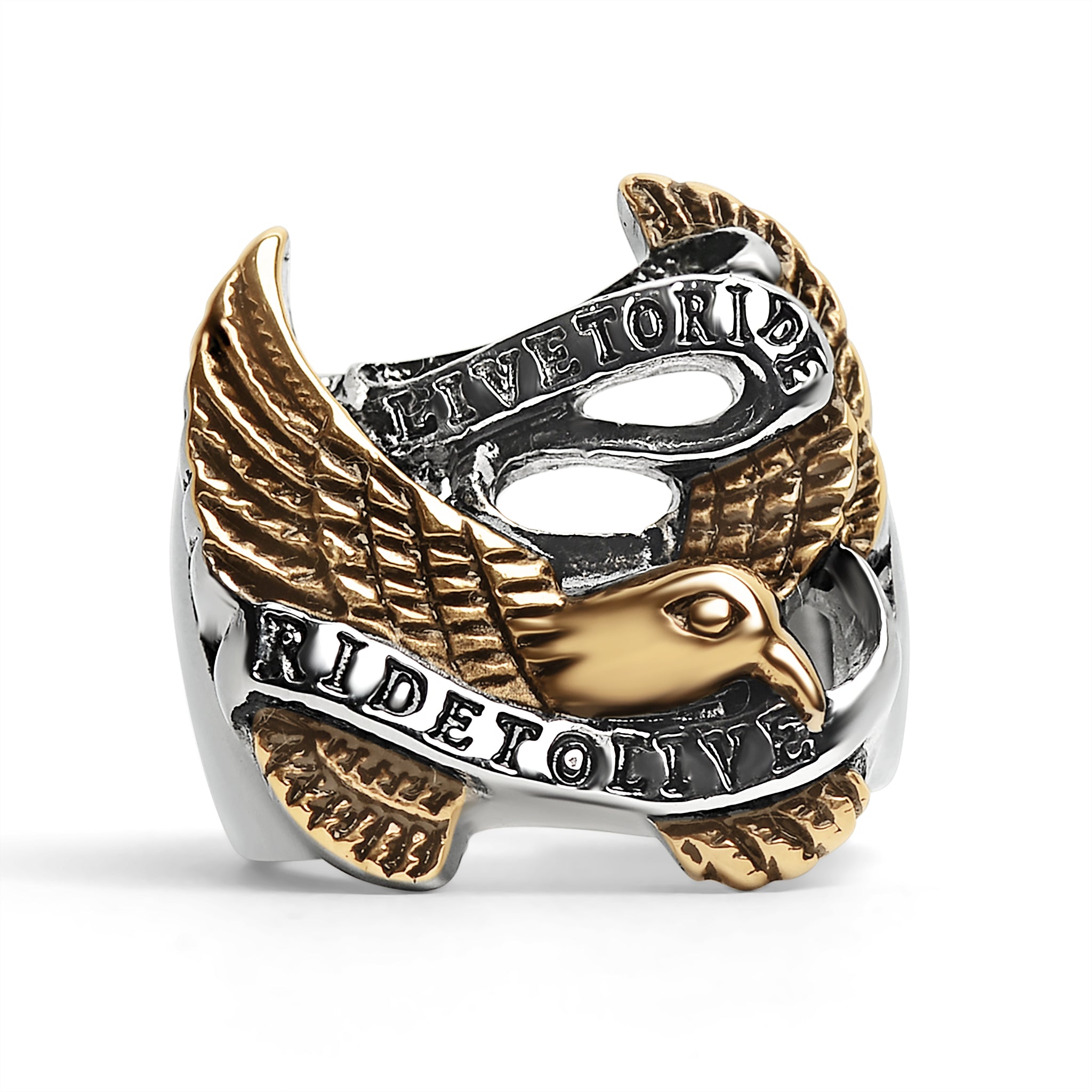 Stainless Steel 18K Gold PVD Coated Live To Ride Ride To Live Eagle Biker Ring / SCR3086、mySite、dreamappss