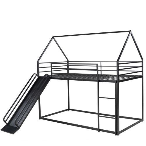 Twin over Twin House Bunk Bed with Ladder and Slide,White、、casual