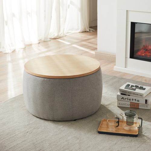 Round Storage Ottoman, 2 in 1 Function, Work as End table and Ottoman, Navy (25.5"x25.5"x14.5")、、casual