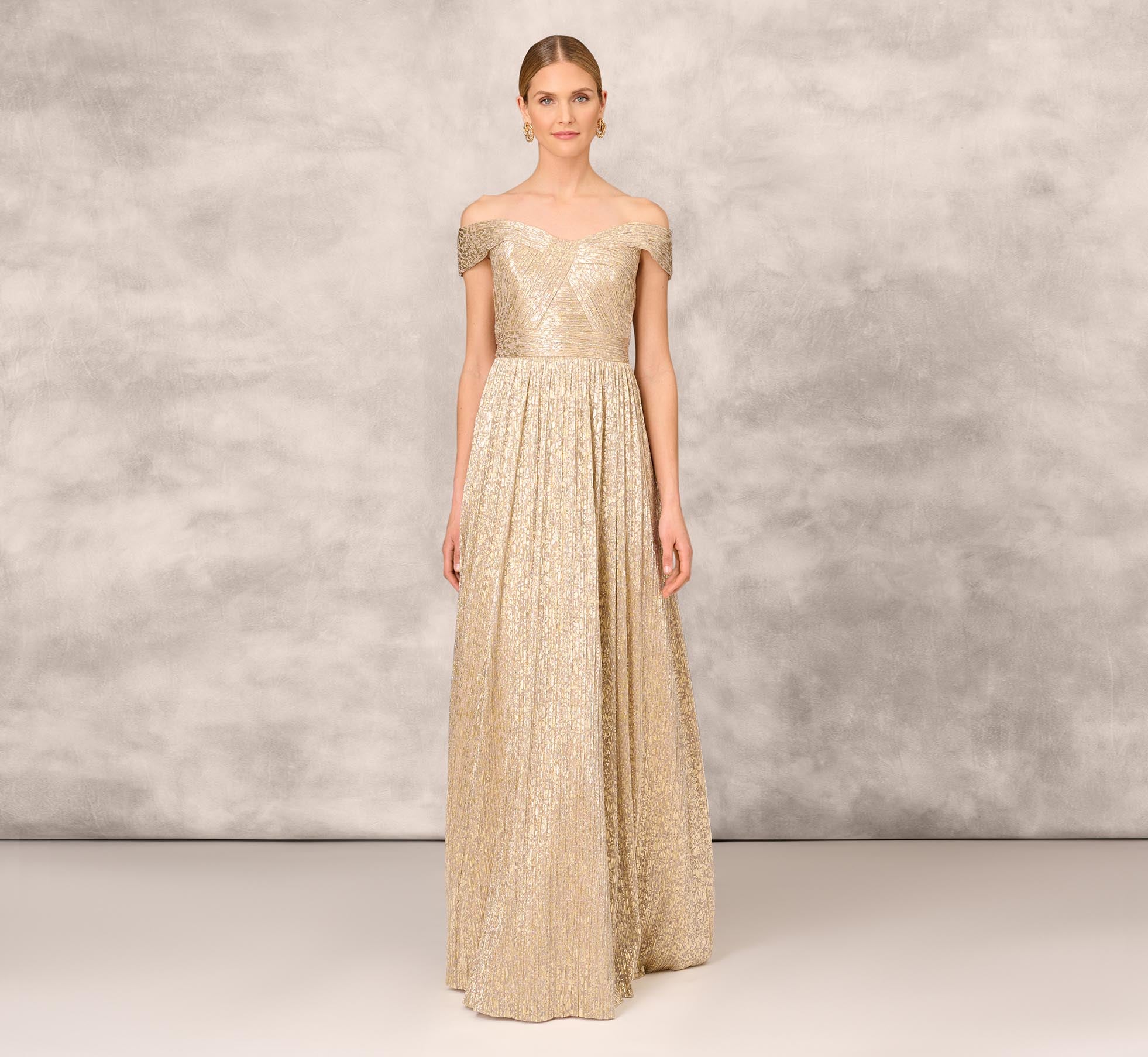 Off The Shoulder Metallic Foiled Metallic Pleated Mesh Long A-Line Ball Gown In Gold、mySite、solidvoid