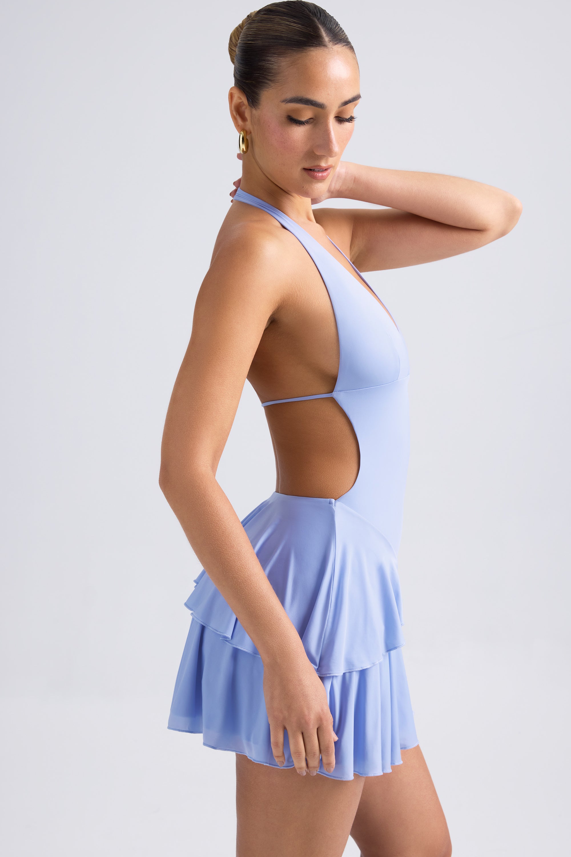 Ruffled Cut-Out Halterneck Mini Dress in Periwinkle Blue、mySite、solidvoid