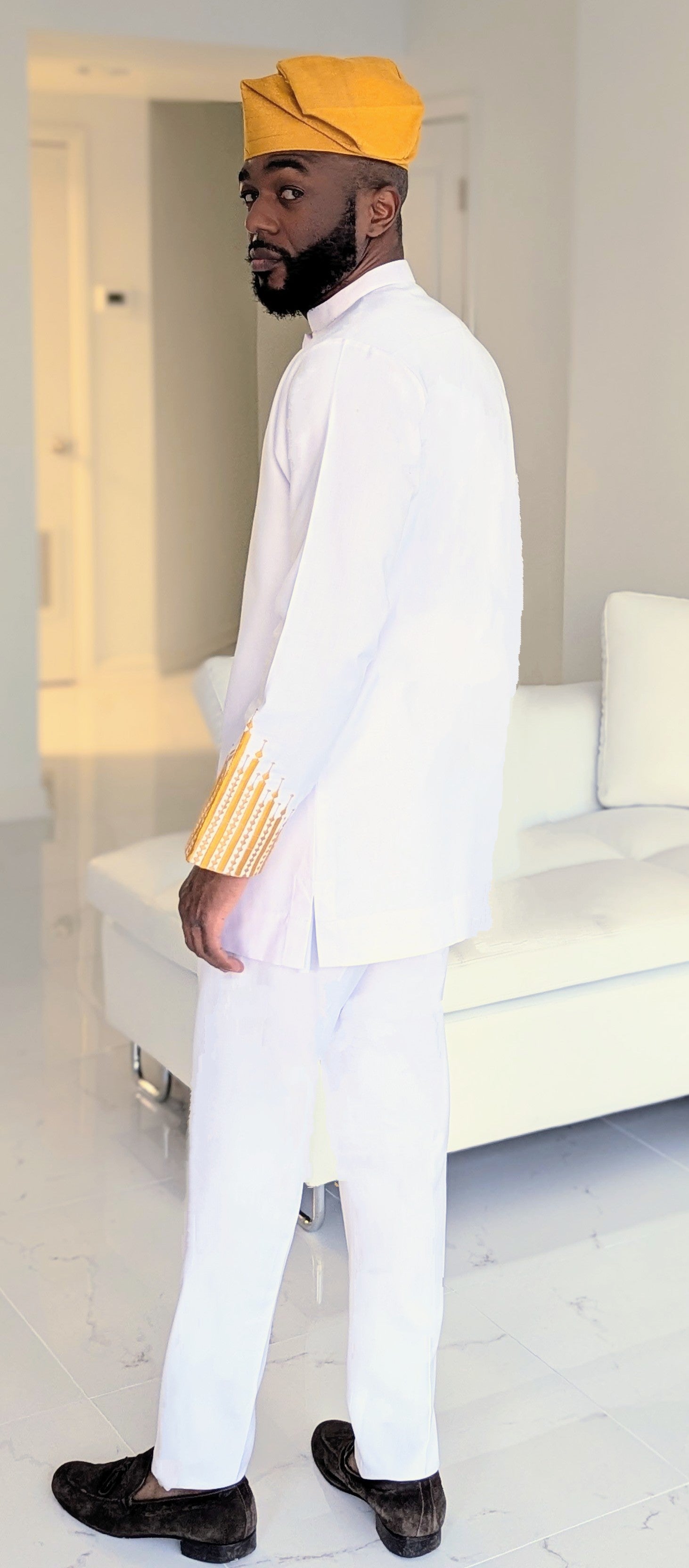 Dupsie's White Eko Elegance buttoned-down bishop collar long-sleeve shirt with Intricate Gold Embroidery DPWGBCS33、mySite、solidvoid