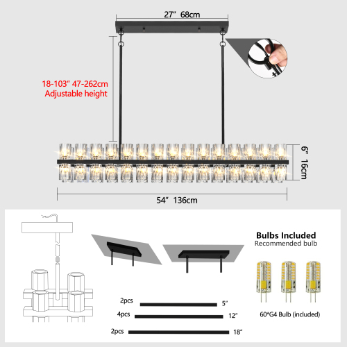 (L005030-D54-P60B/W1340P310780)Rectangular Luxurious Crystal Chandelier for Living Room & Dining Room, Black Frame with K9 Crystals、、eastwooduniform
