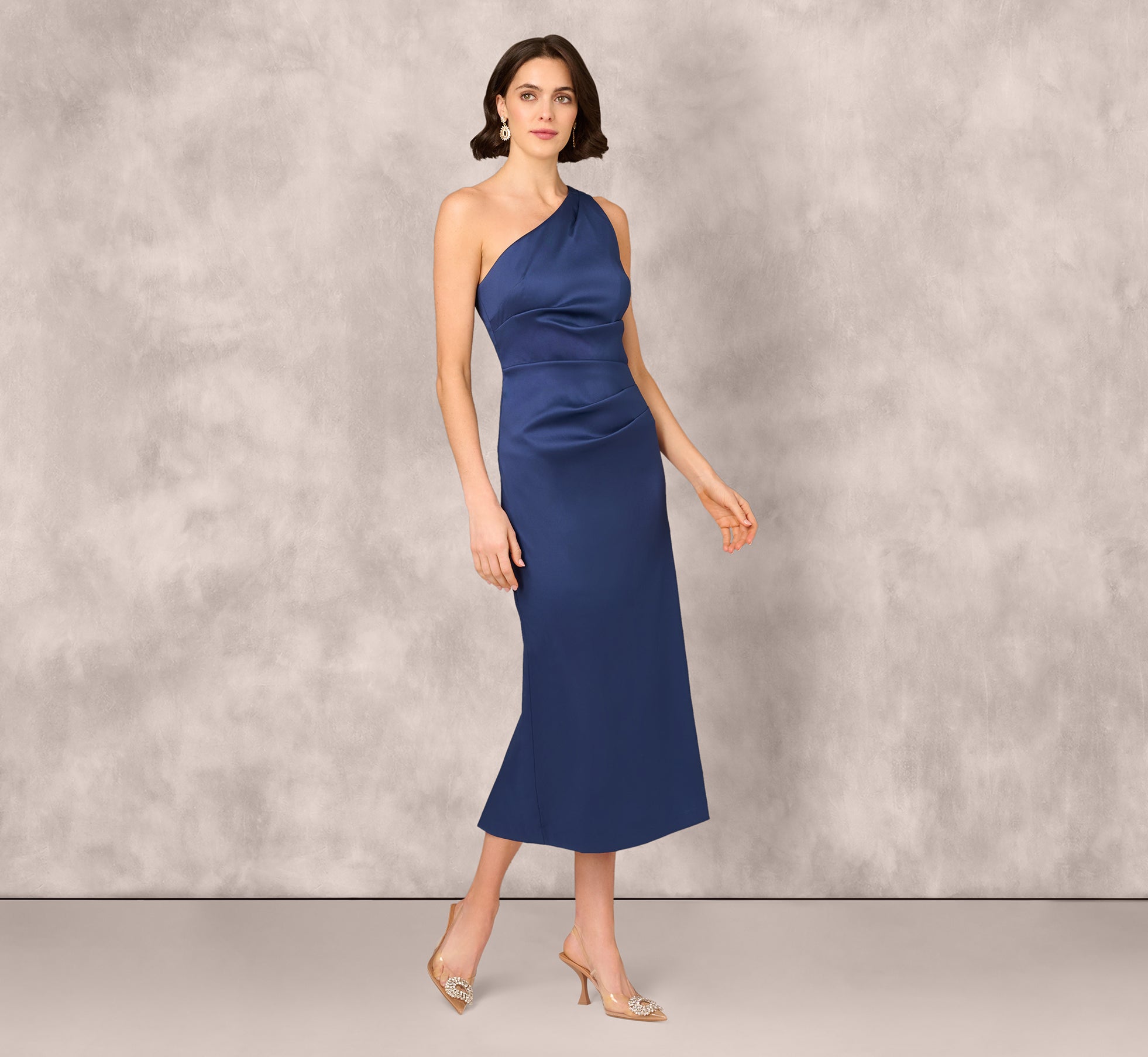 One Shoulder Satin Pleat Midi Dress In Navy、mySite、solidvoid