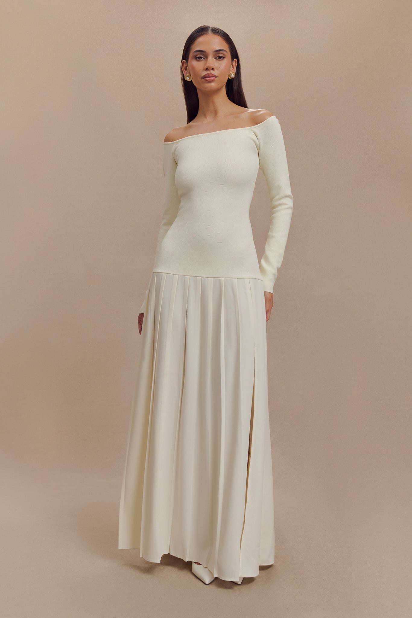 Presley Knit Off Shoulder Maxi Dress - Ivory、mySite、solidvoid