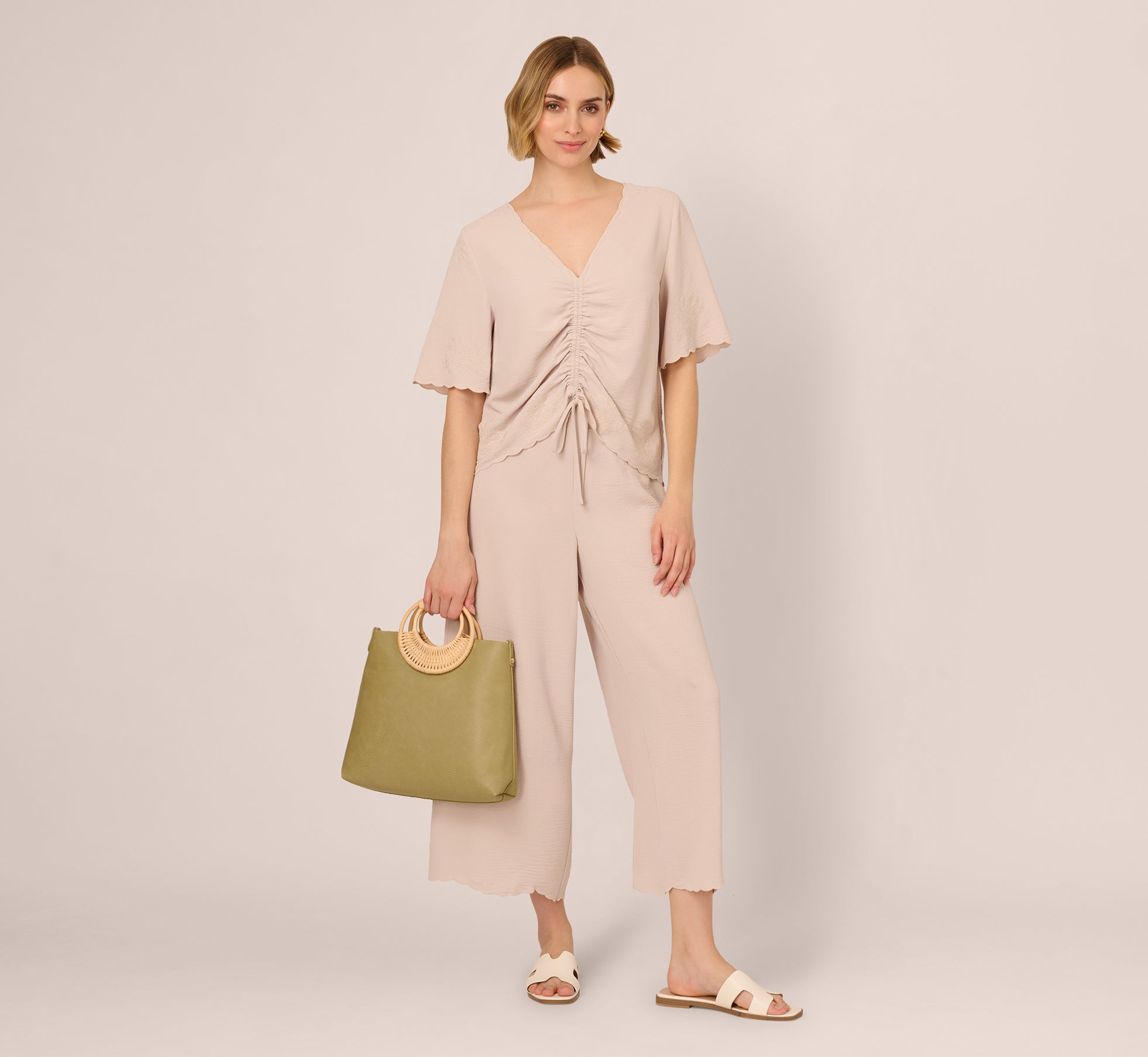 Embroidered Airflow Top And Wide Leg Pant Set In Pebble、mySite、solidvoid