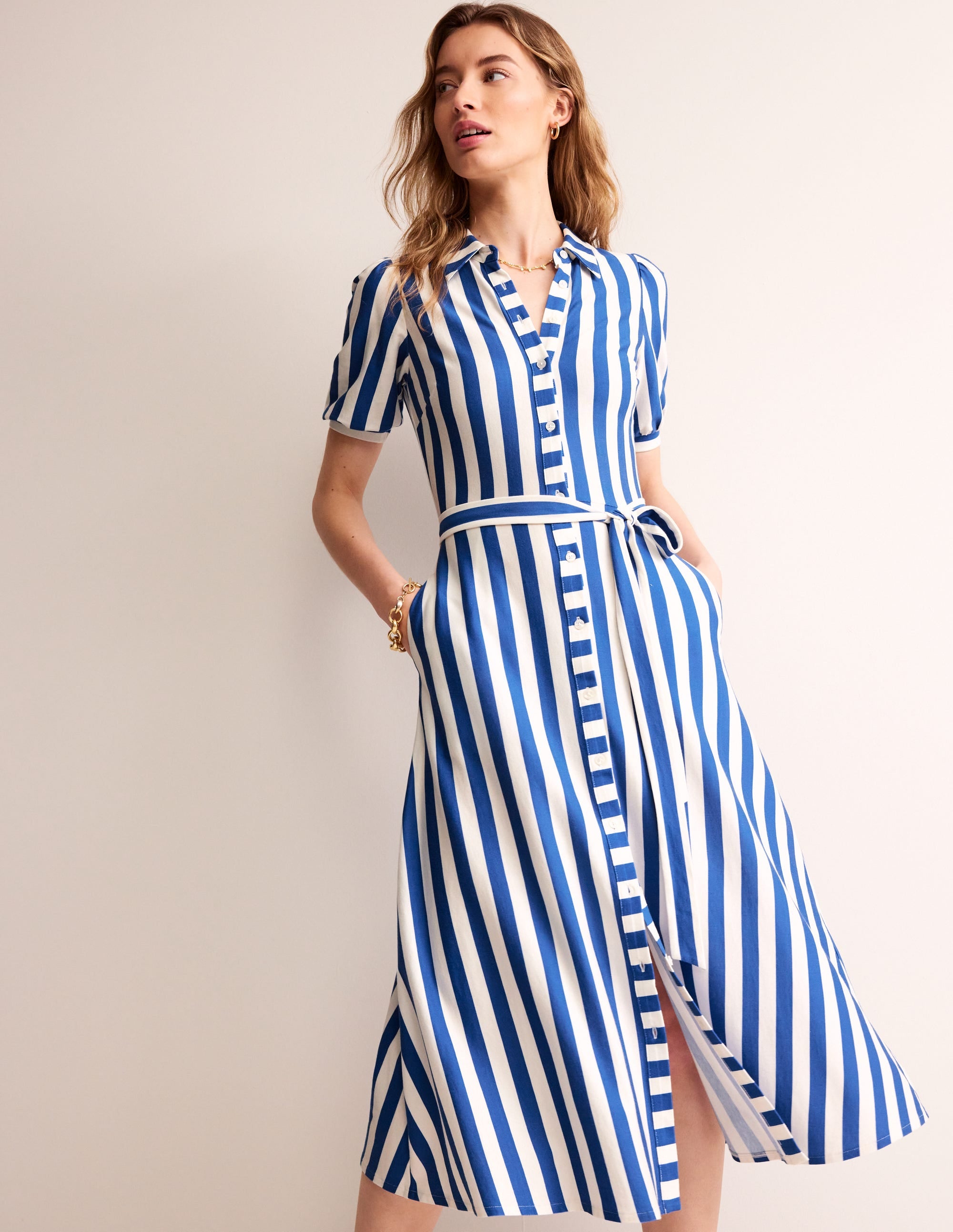  Libby Jersey Midi Shirt Dress-Blue, Ivory Stripe、mySite、ashleygrahame
