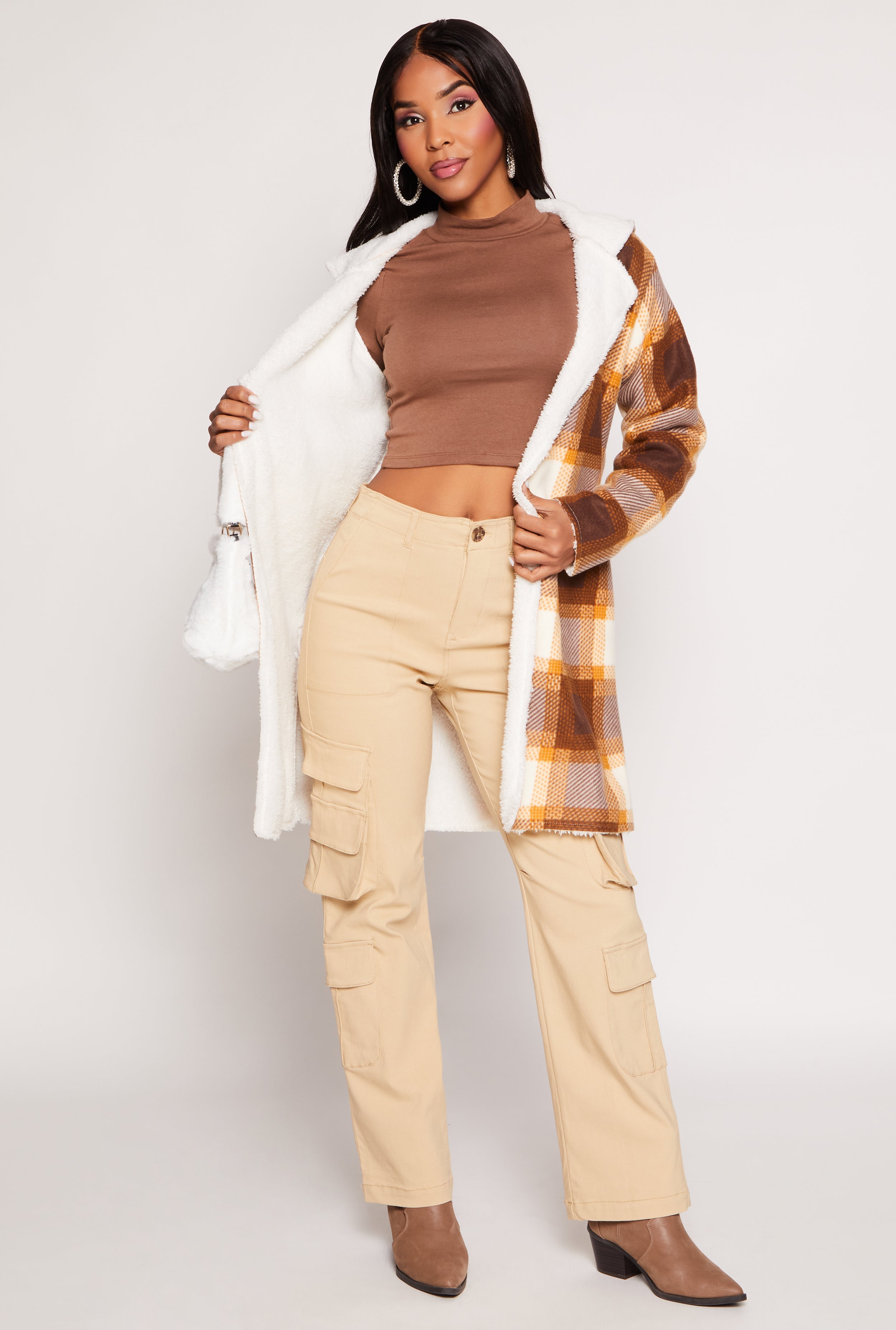 Plaid Sherpa Lined Open Front Hooded Coat、mySite、camillekostekn