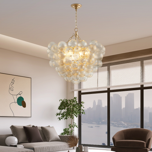 27.5-Inch Gold Pendant Light Chandelier with Threaded Clear Glass Globe Shade – Adjustable Height, Ideal for Living Room, Dining Room, Kitchen (No Bulbs)、、eastwooduniform