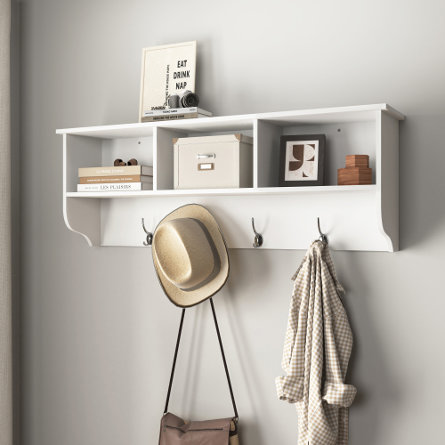 White Entryway Wall Mounted Coat Rack with 4 Dual Hooks Living Room Wooden Storage Shelf、、casual