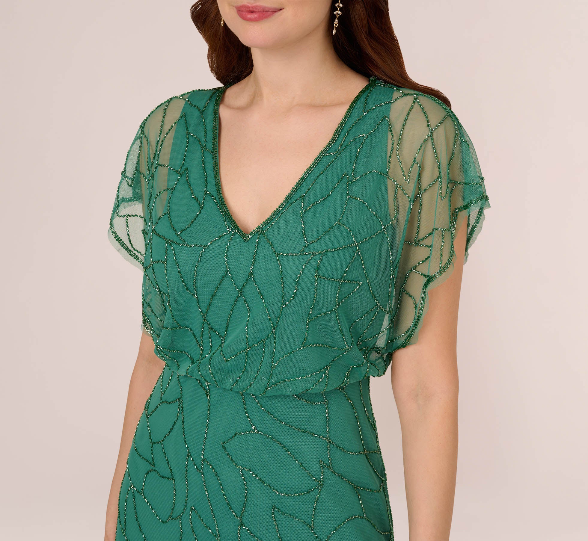 Beaded Blouson Mermaid Gown With Sheer Dolman Sleeves In Jungle Green、mySite、solidvoid