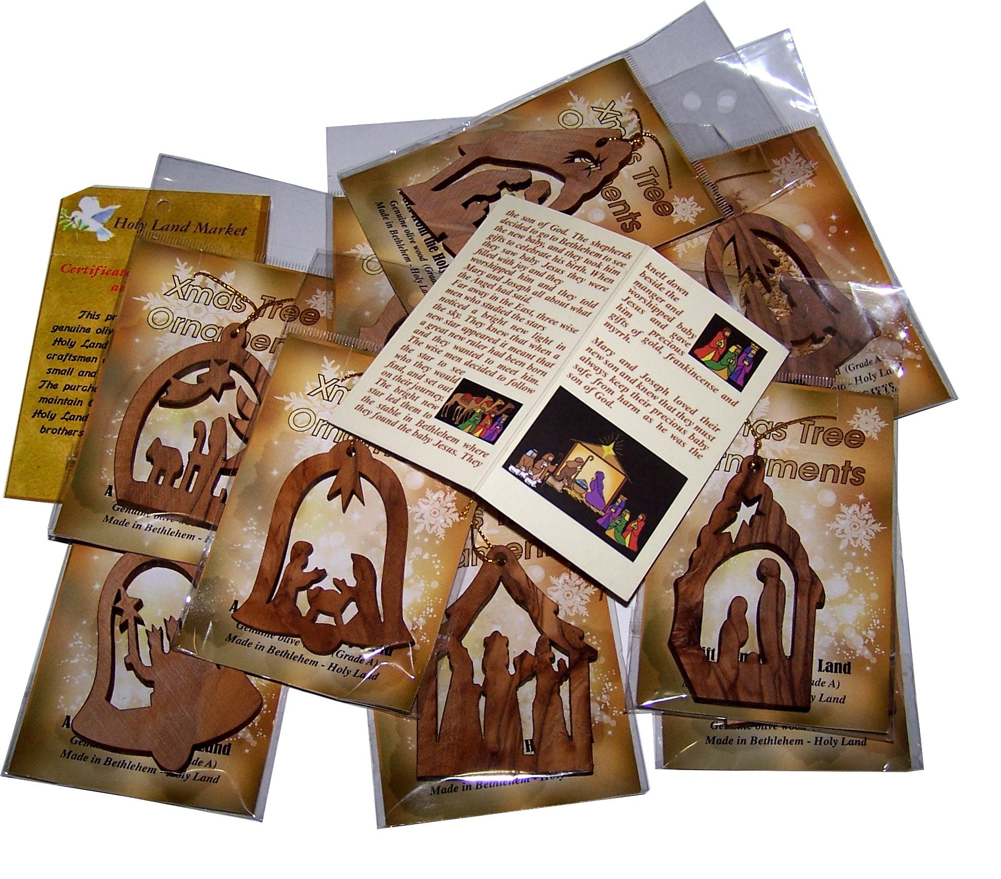 Holy Land Market Olive Wood Ornaments - Set of 12 Flat Christmas Decorations with Nativity Story Booklet, Inspirational Hand Carved Christmas Decor, Christian Christmas Ornaments from Bethlehem、mySite、topwebapps