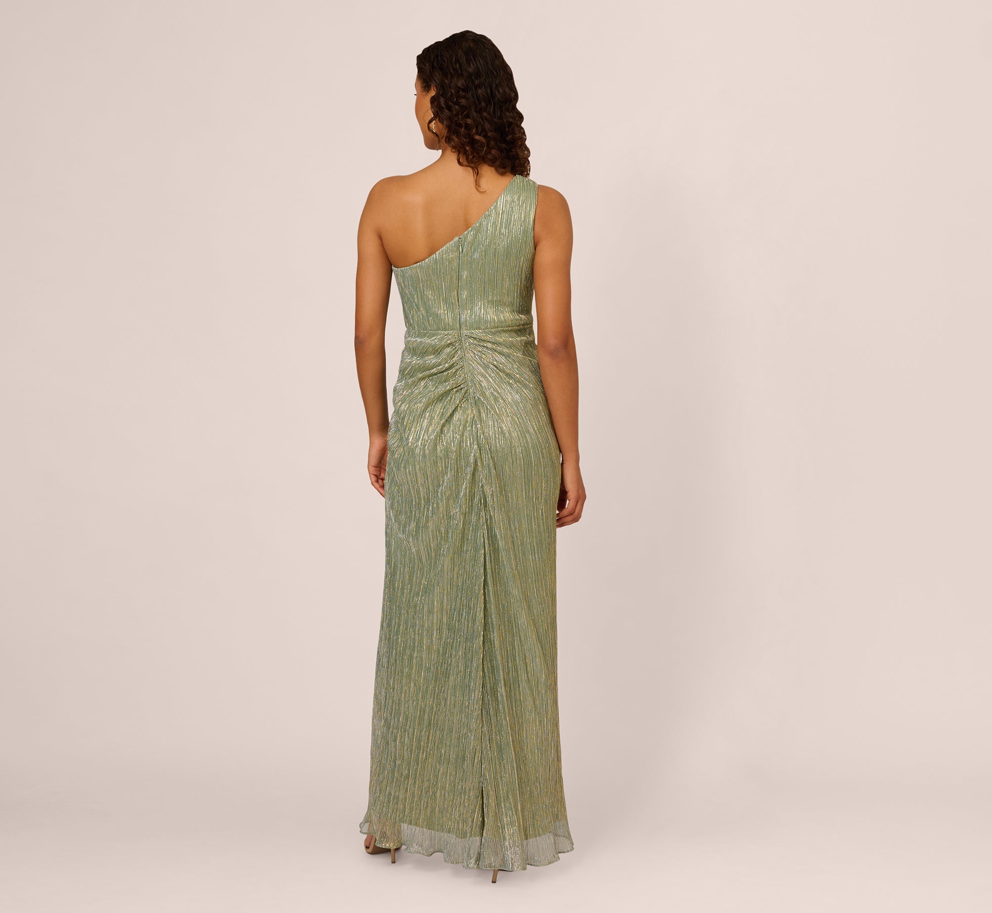 Stardust Pleated Draped One Shoulder Gown In Green Slate、mySite、solidvoid