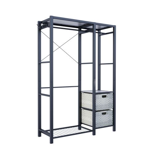 Acacia Wood Garment Racks with Shelves 2 Wicker Drawers and 4 Hooks Heavy Duty Closet Organizer for Hanging Clothes, Freestanding Closet Wardrobe Rack, Light Gray、、eastwooduniform