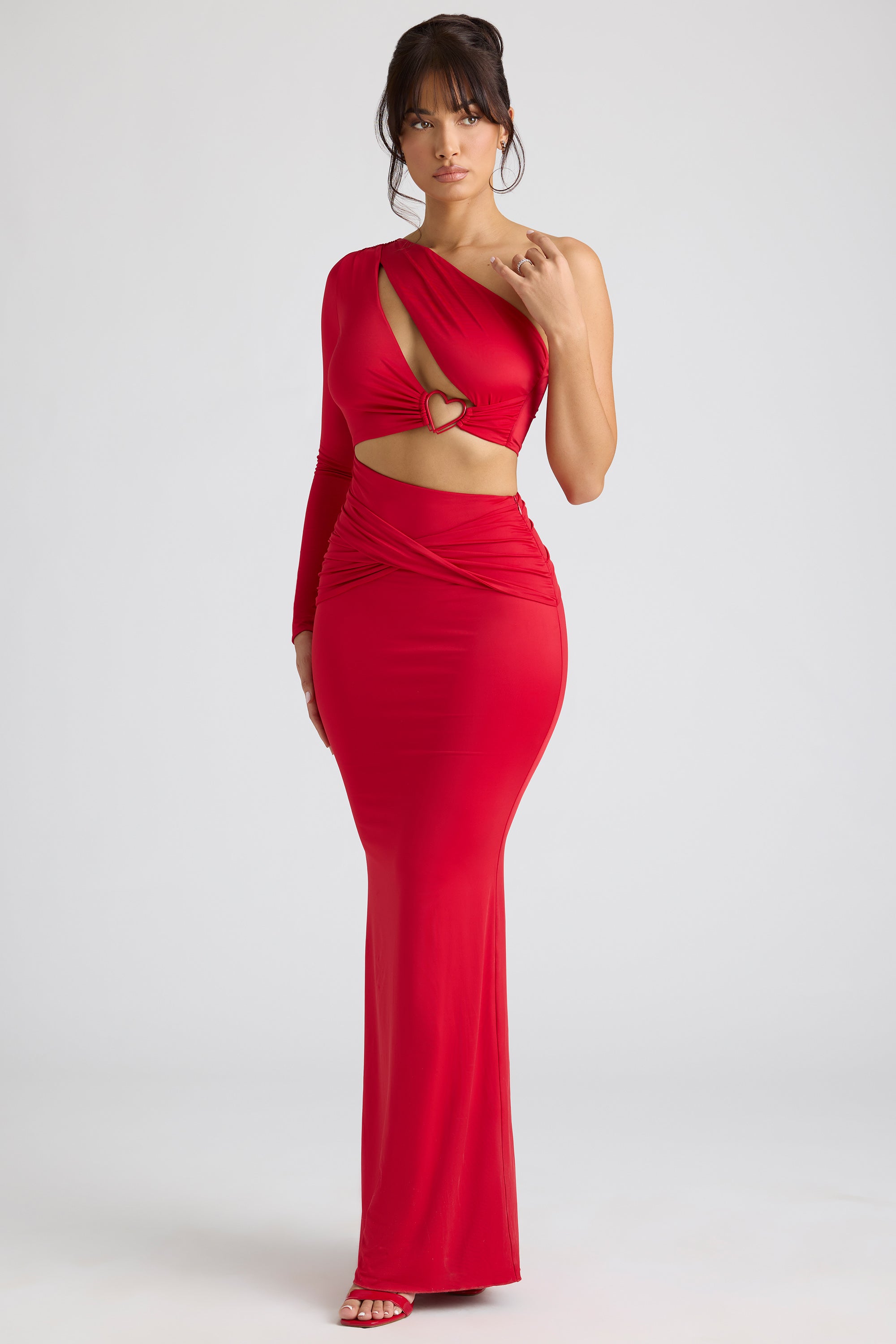 Single Sleeve Cut Out Evening Gown in Fire Red、mySite、solidvoid