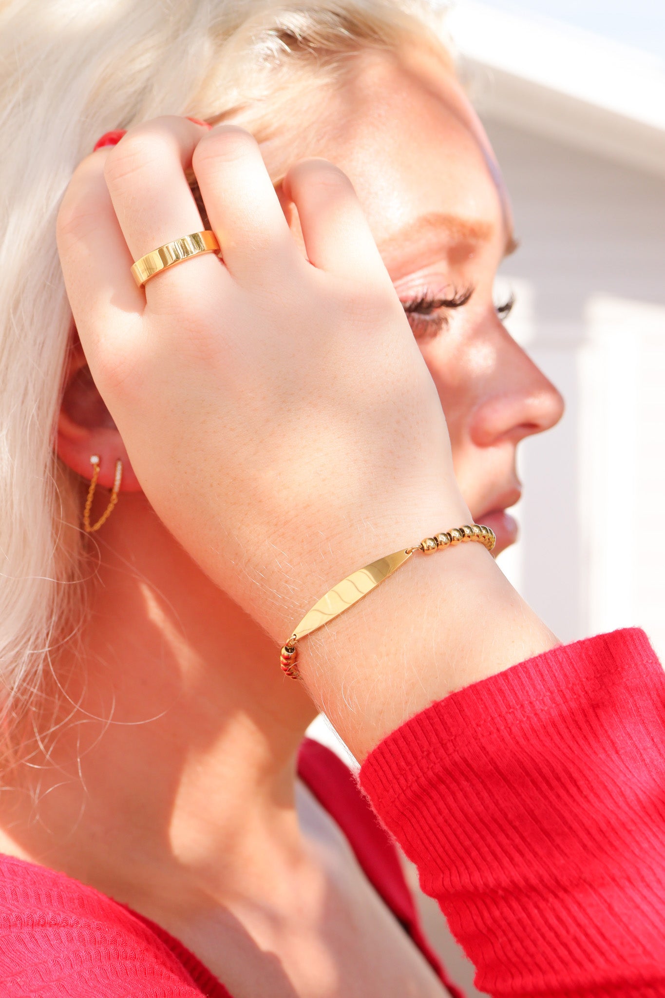 18K Gold PVD Stainless Steel Adjustable Beaded Curved Blank Bar Bracelet / SBB0272、mySite、dreamappss