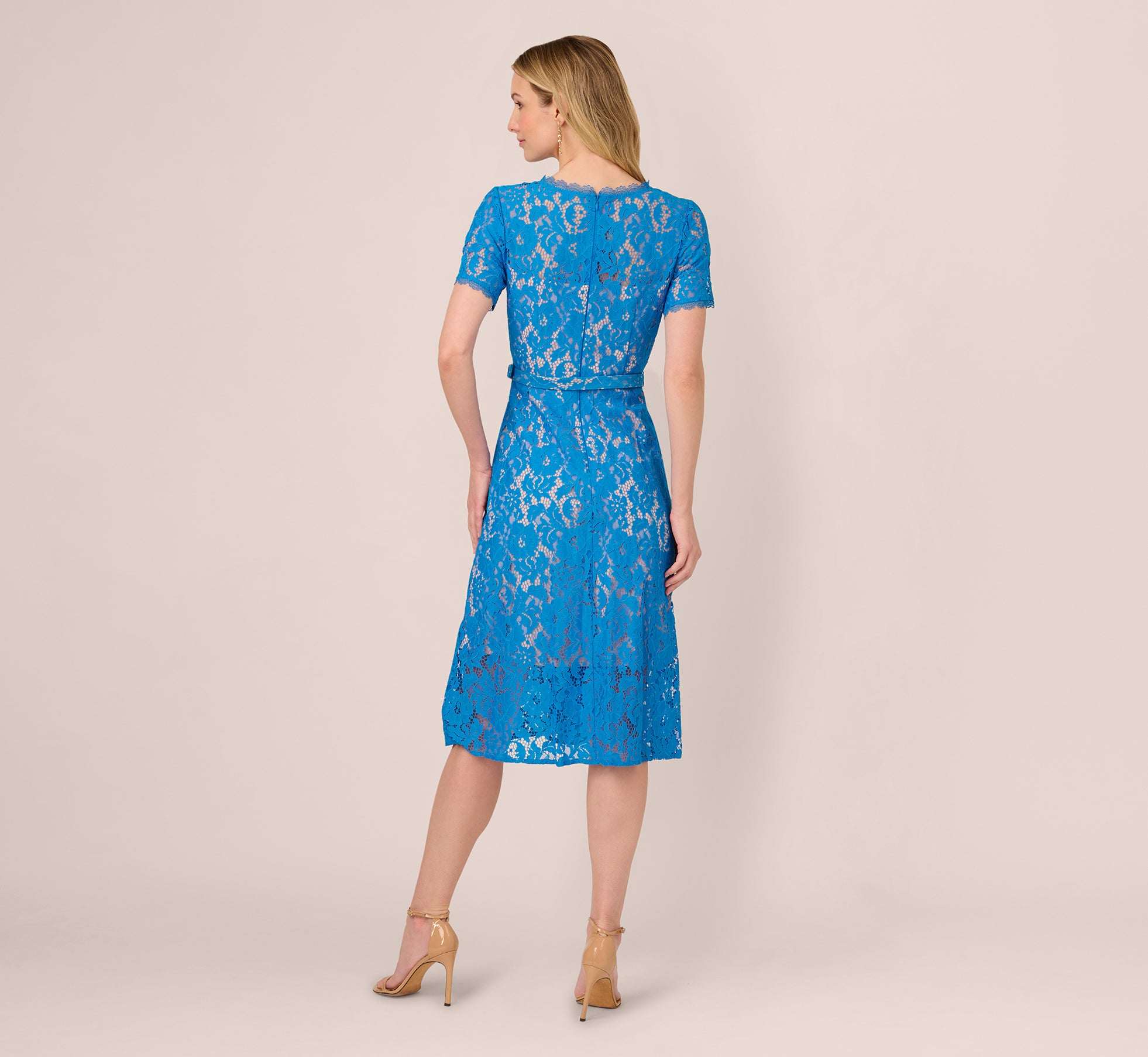 Short Sleeve Belted Lace Midi Dress In Blue Wave、mySite、solidvoid