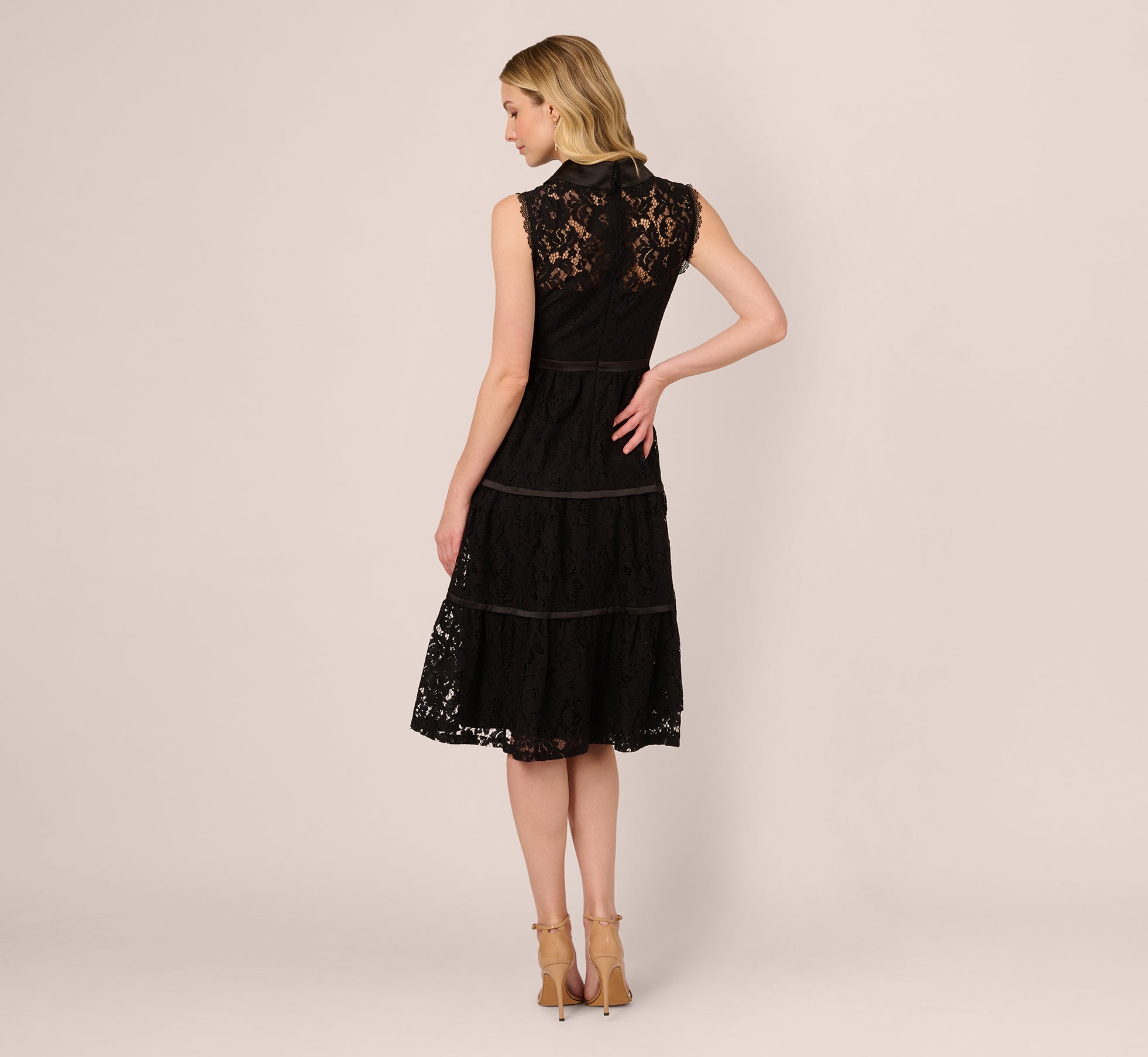 Sleeveless Collared Lace Fit And Flare Dress In Black、mySite、solidvoid