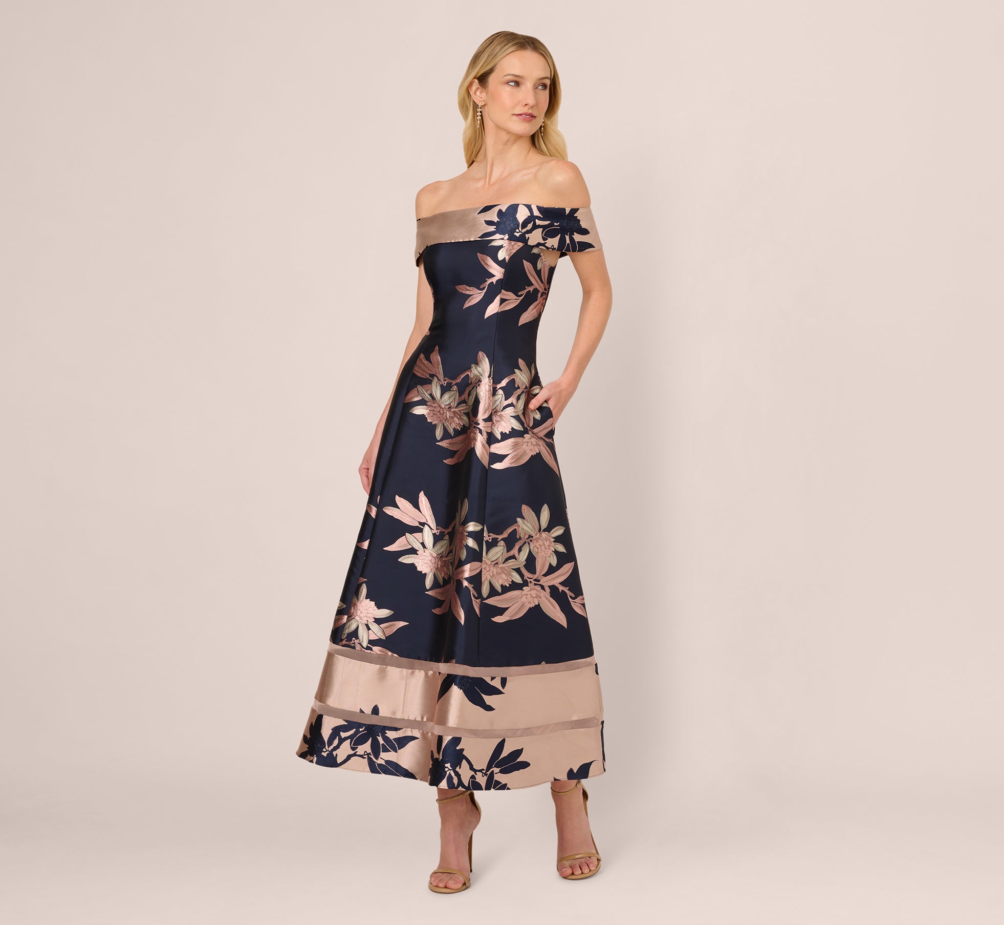 Off Shoulder 2 Tone Jacquard Fit And Flare Midi Dress In Navy Blush、mySite、solidvoid