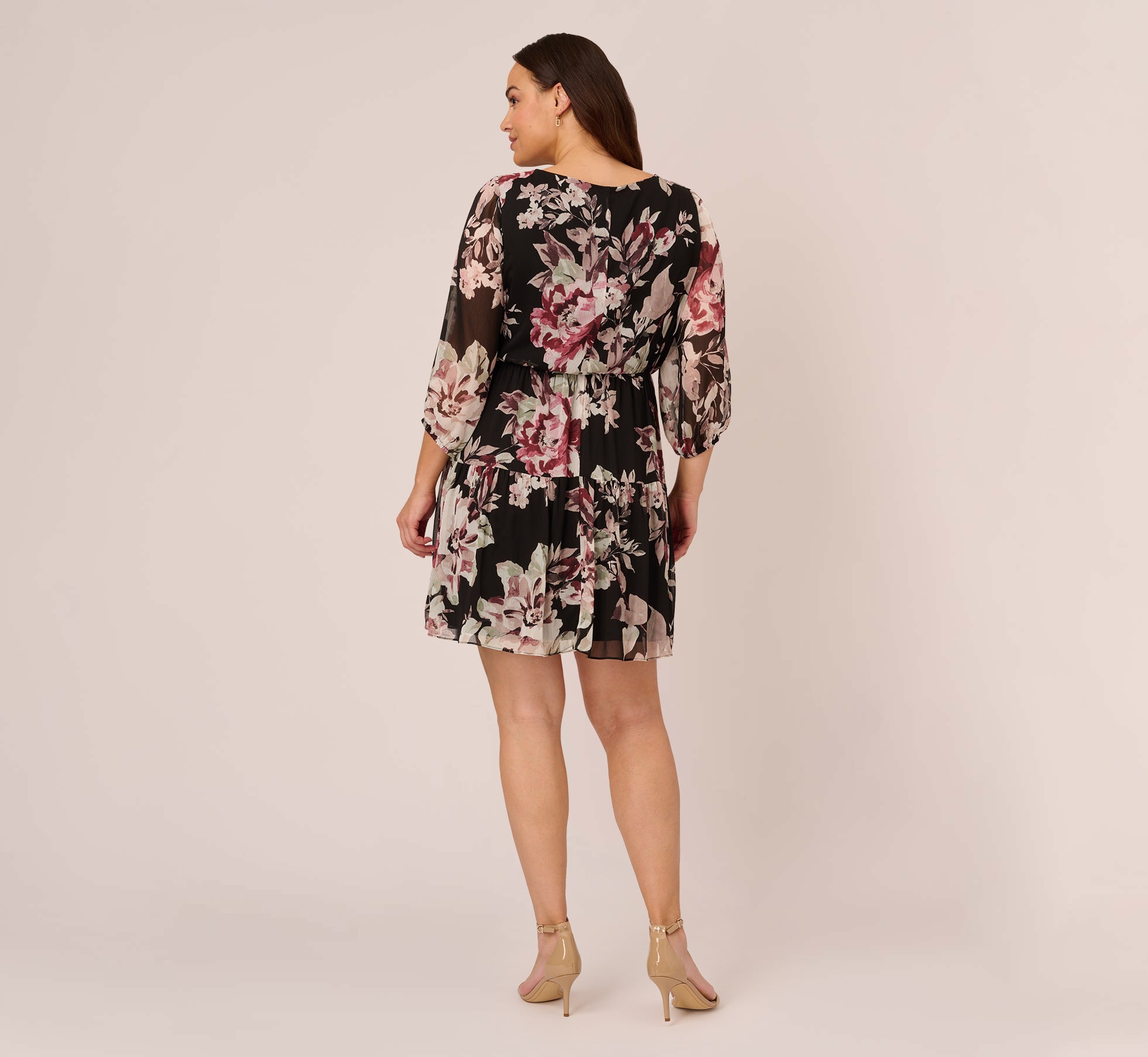 Plus Size Floral Chiffon Dress With Three Quarter Length Sleeves In Black Multi、mySite、solidvoid