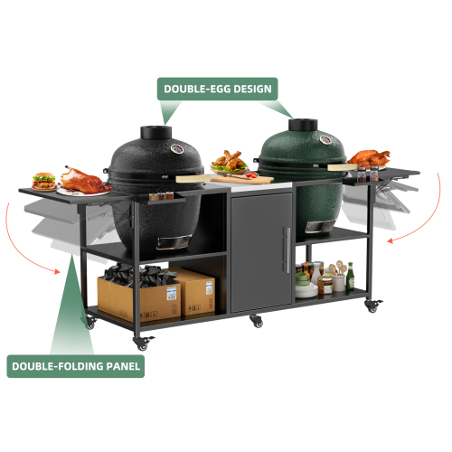 Outdoor Grill Table for Big Green Egg Style BBQ, Metal Grill Cart with Storage Box, Compatible with up to Large Green Egg, Kamado Joe Jr、、eastwooduniform