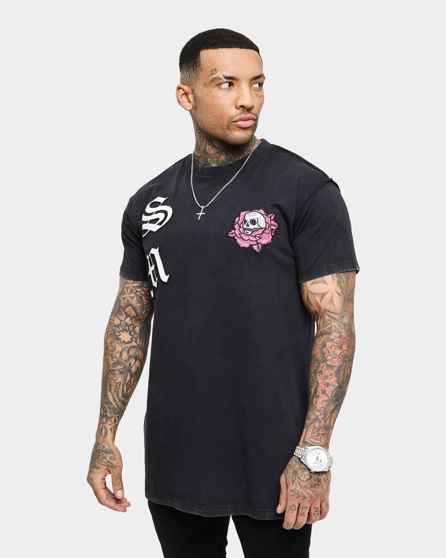 Saint Morta Skull Flower Lafayette T-Shirt Vintage Black、mySite、zt4zffjzw