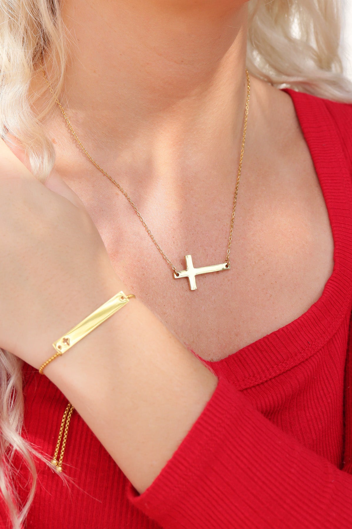 18K Gold PVD Stainless Steel Horizontal Blank Cross Necklace / SBB0285、mySite、dreamappss