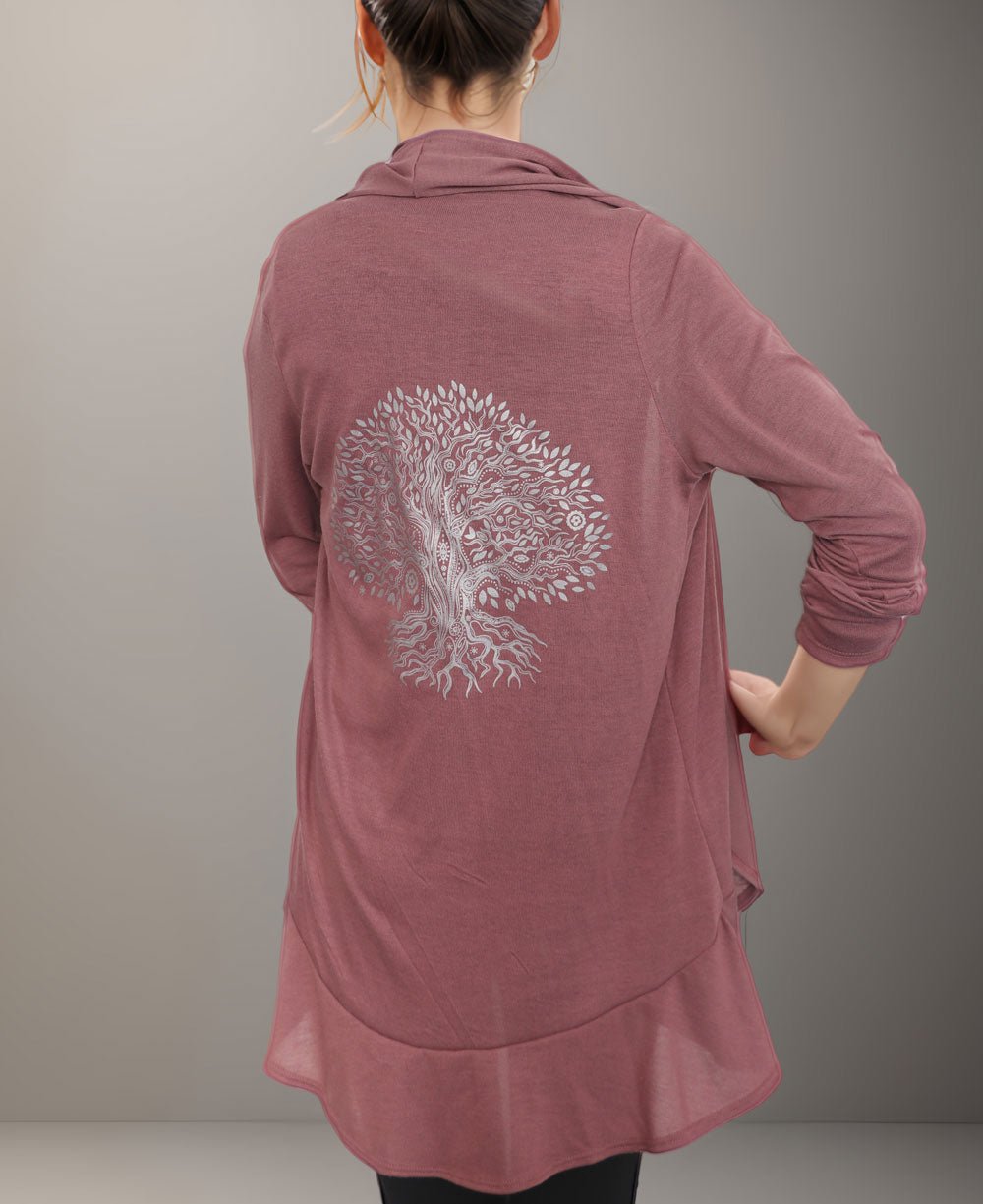 Light Weight Tree of Life Design Women's Long Sleeves Ruffle Cardigan in Dusty Rose、mySite、topwebapps