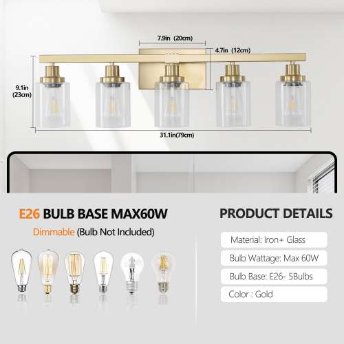 24" Golden 4-Light Vanity Light with Clear Glass Shades, Modern Iron Metal Bathroom Wall Fixture for Mirror, Ideal for Bathroom and Dressing Table (No Bulbs)、、eastwooduniform