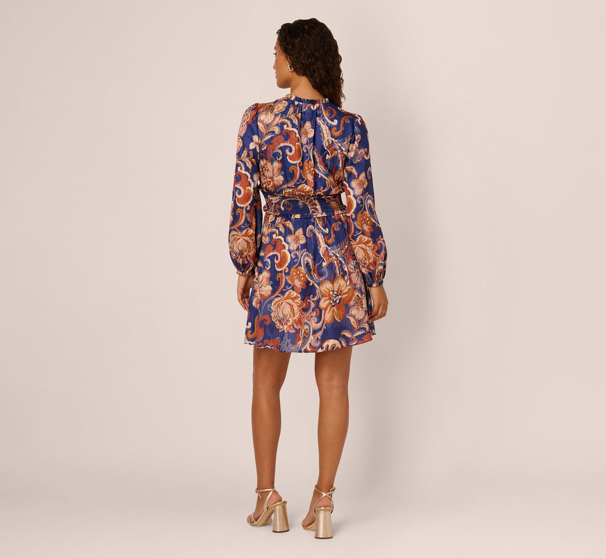 Long Sleeve Paisley Stripe Short Dress In Blue Multi、mySite、solidvoid