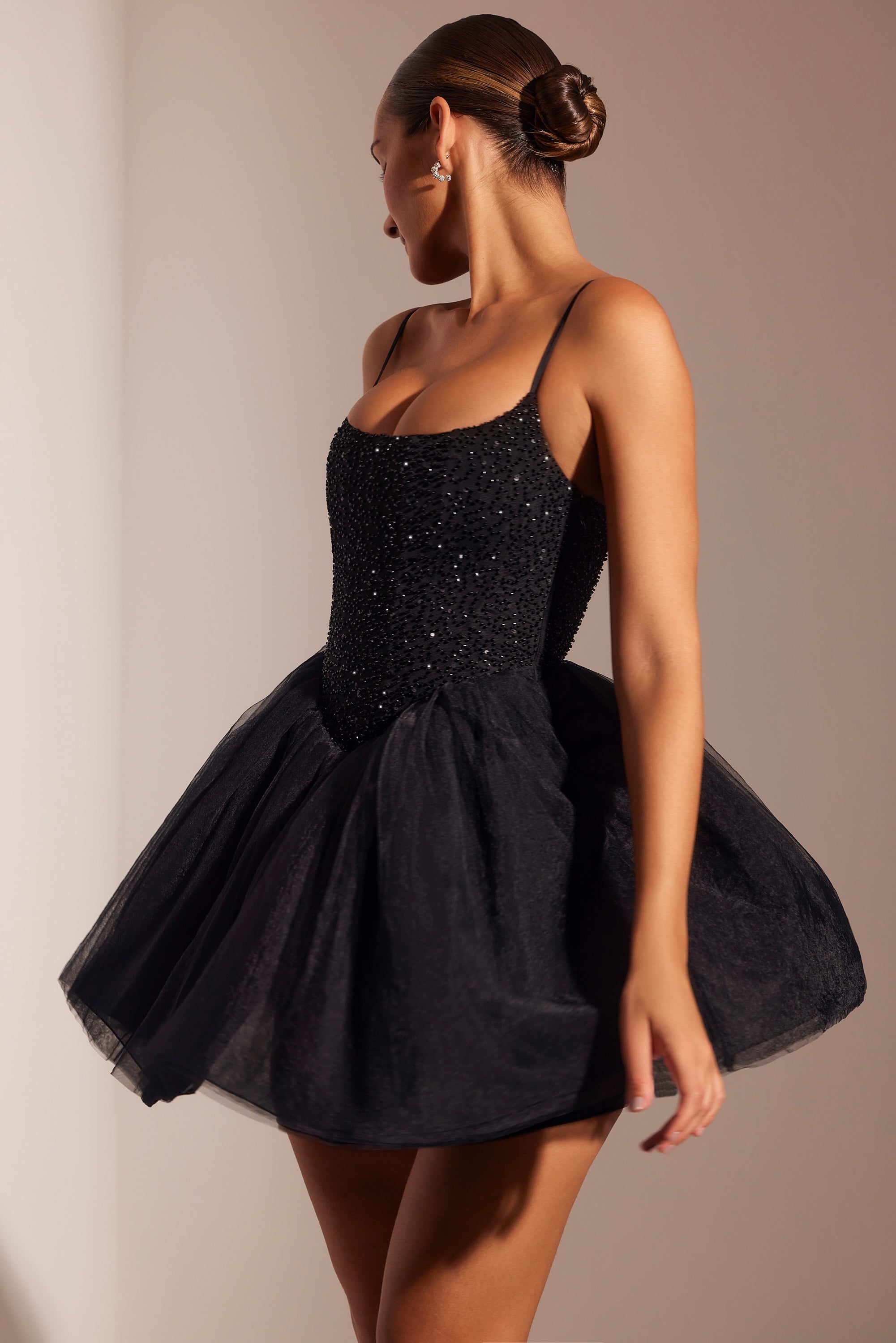 Embellished Corset Tulle Skirt Mini Dress in Black、mySite、solidvoid